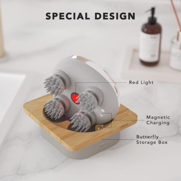Breo Portable Mini Scalp Massager – IPX7 Waterproof Rechargeable Head Massager for Scalp Relax, Stress Relief Tool with Bamboo Wood Charging Base, Removable Massage Nodes (Silver with Base) - Image 7