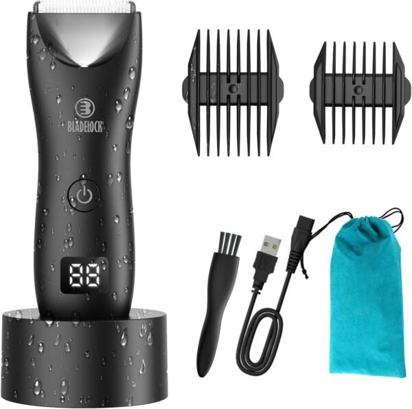 Favrison Body Hair Trimmer for Men, Electric Ball Trimmer with Ceramic Blade, Waterproof Pubic Groin Hair Trimmer for Mens Grooming Kit with LCD Display & Recharge Dock (Black) - Image 2