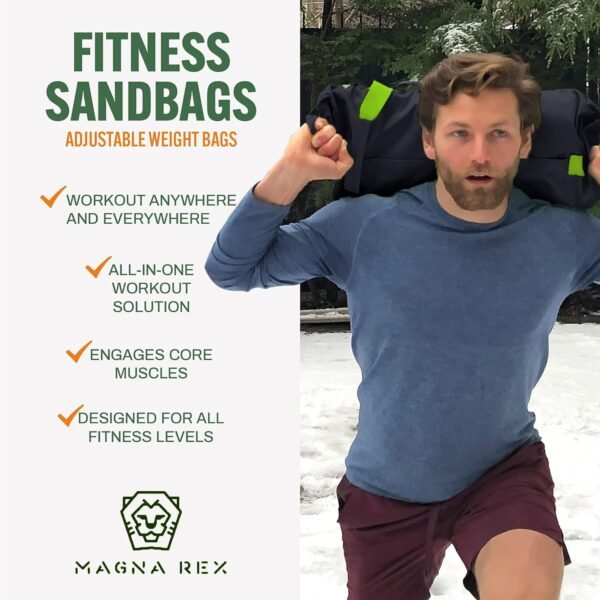 Sandbags for Working Out - Adjustable Sand Bags for Weight Training, Heavy Duty Equipment - 1 Outer Workout Sandbag, 3 Inner Sandbags, and 1 Soft Kettlebell (Black/Green, 90 lbs) - Image 8
