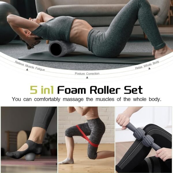 5-in-1 Foam Roller Set, Massage Roller Stick, Massage Ball, Resistance Band for Deep Muscle Massage, Trigger Point Release, Pilates, Yoga (Grey) - Image 7