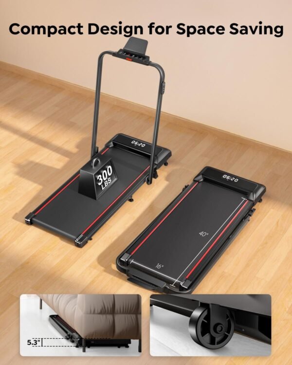 Walking Pad Treadmill with Incline, 2 in 1 Foldable Treadmills for Home Small Office, 300lbs Portable Compact Under Desk Treadmill with App, Remote Control and LED Display - Image 9