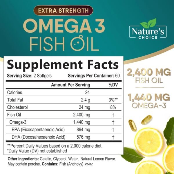 Triple Strength Omega 3 Fish Oil 2400 mg Supplement, Nature's Omega-3 Supplements, Brain & Heart Health Support - EPA & DHA, Fish Oil in Each Softgel, Fatty Acids Fish Oil Supplement - 120 Softgels - Image 3