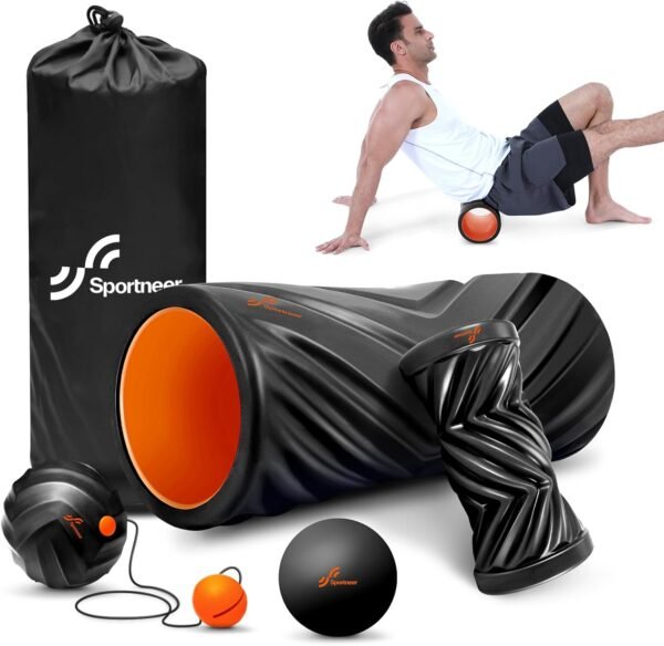 Sportneer 4 in 1 Foam Roller Set: Dual Textures Foam Roller, Foot Roller, Lacrosse Ball, Traction Massage Ball with String, Deep Massage Roller for Whole Body Release, Physical Therapy (Black) - Image 9
