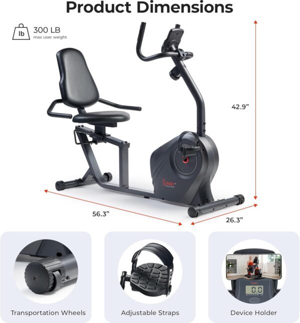 Sunny Health & Fitness Smart Heavy-Duty Recumbent Bike w/Wide Cushioned Seat & Back, Indoor Cycling Machine for Adult/Seniors Home Exercise, Free SunnyFit App Connect, Optional Workout Training Bands - Image 7