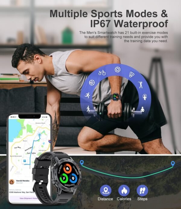 Military Smart Watch for Men(Answer/Dial Calls),100 Sports Modes, 5ATM Waterproof Fitness Watch with Heart Rate/SpO2/Blood Pressure for Android and iOS,1.39''HD DIY Screen Smartwatch Black - Image 4