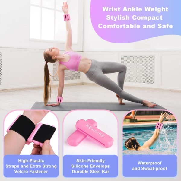 REALIKE Wrist Weights Ankle Weights for Women, Wearable Arm & Leg Weights Set of 2 (1LB Each) Adjustable Silicone Workout Ankle Weights for Walking, Yoga, Pilates,Aerobics,Gym - Image 3