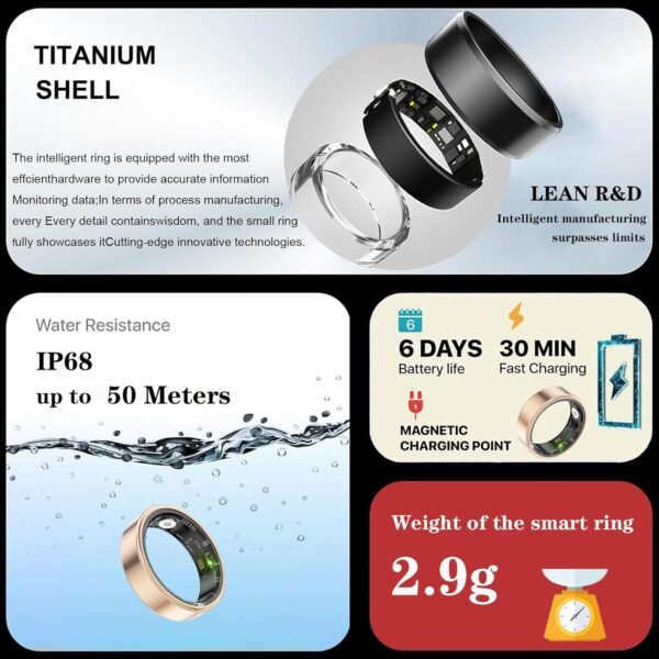 Smart Ring Fitness Tracker for Men Women, Health Sleep Heart Rate Blood Oxygen Tracker Smart Ring with Wireless Charger Box, IP68 Waterpro of Bluetooth Tracker Rings (Golden# 11) - Image 6