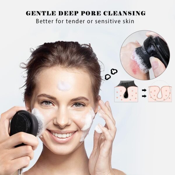 2 Pack Facial Cleansing Brushes, Face Brush with 2-in-1 for Deep Pore Cleansing and Exfoliation, Silicone Scrubber & Soft Bristle Sides (Black & Black) - Image 5