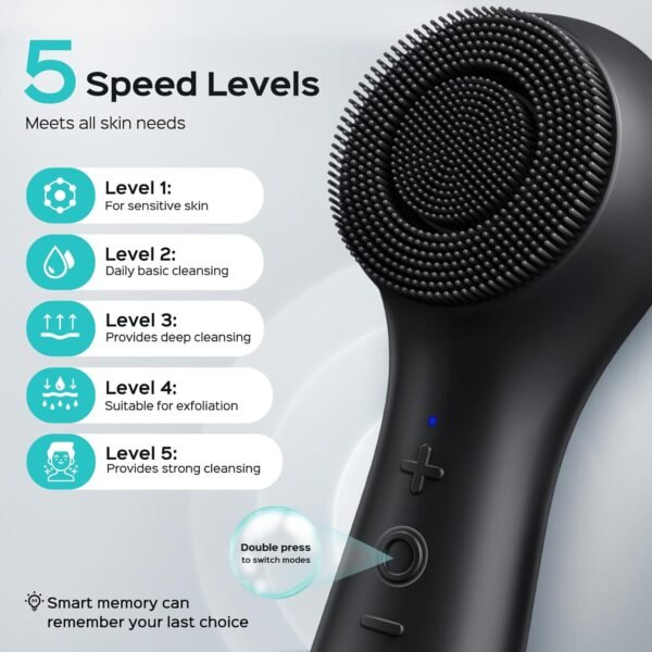 Face Scrubber Facial Cleansing Brush: 2 in 1 Spin and Vibration Patented Tech, Silicone Electric Exfoliator Scrubber with Automatic Foaming, Waterproof Face Cleanser Brush for Men and Women, Black - Image 7
