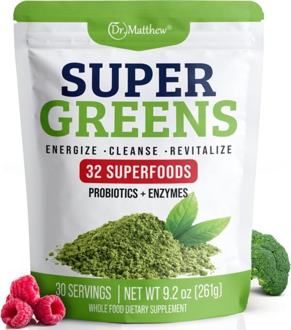 Green Juice Powder. Supergreens Superfood Powder. Detox Greens for Bloating and Digestion. Veggie Powder with Probiotics & Enzymes. Chlorella, Spirulina, Wheat Grass, Ashwagandha. 32 Superfoods - Image 2