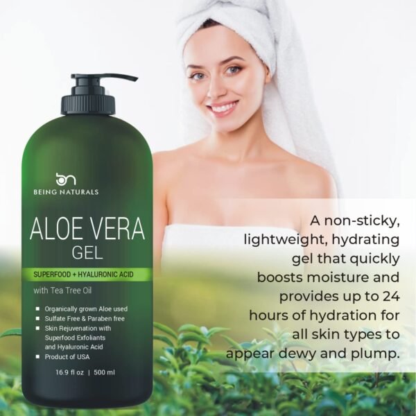 Aloe vera Gel - from 100% Pure Organic Aloe - Natural Raw Moisturizer for Face, Body, Hair. Perfect for Sunburn, Acne, Razor Bumps 16.9 fl oz (Tea Tree, Superfood, Hyaluronic Acid) - Image 7