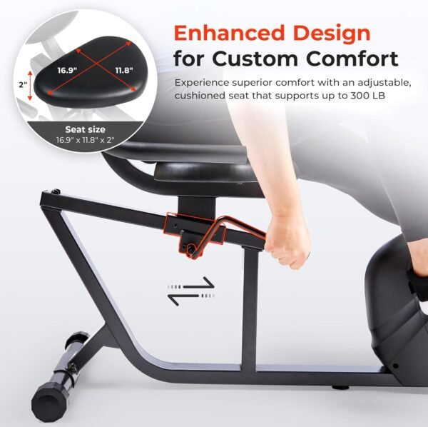 Sunny Health & Fitness Smart Heavy-Duty Recumbent Bike w/Wide Cushioned Seat & Back, Indoor Cycling Machine for Adult/Seniors Home Exercise, Free SunnyFit App Connect, Optional Workout Training Bands - Image 5