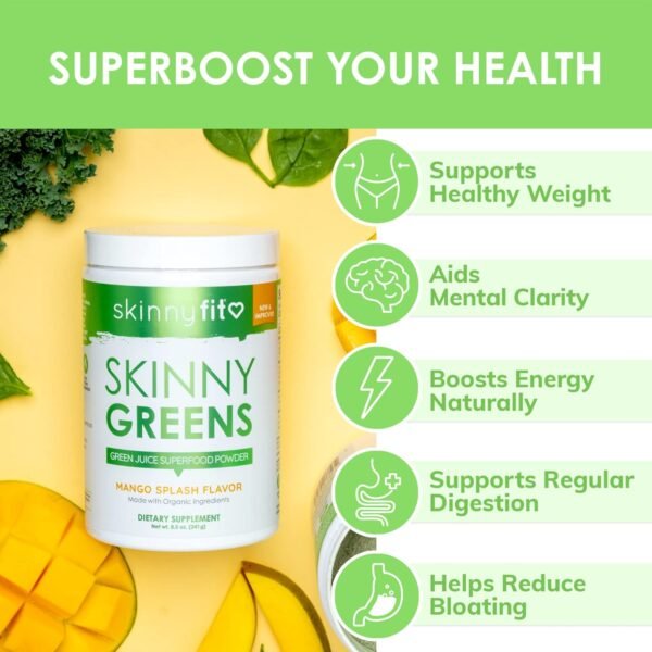 SkinnyFit Mango Splash Skinny Greens, Green Juice Superfood Powder, Natural Energy & Focus, Reduce Bloating, Spirulina, Chlorella, 30 Servings - Image 3