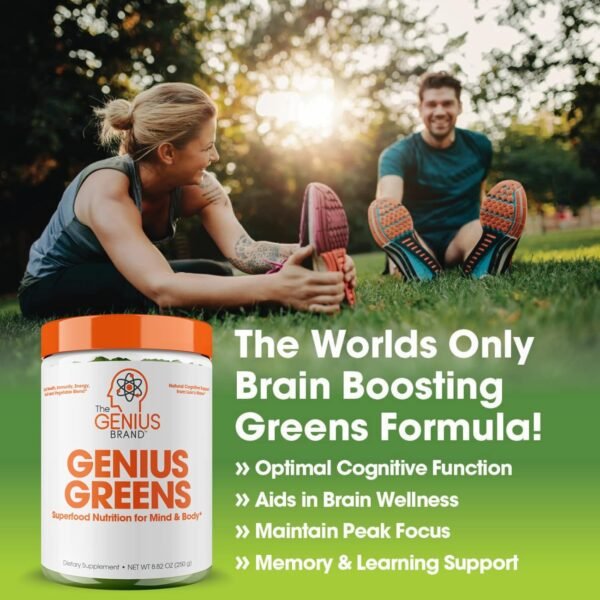 Genius Super Greens Superfood Powder, Nootropic Supplement - Organic Spirulina Powder with Lions Mane, Kale, Spinach & Antioxidants - Juice & Smoothie Mix for Energy, Immunity & Gut Health - Image 3