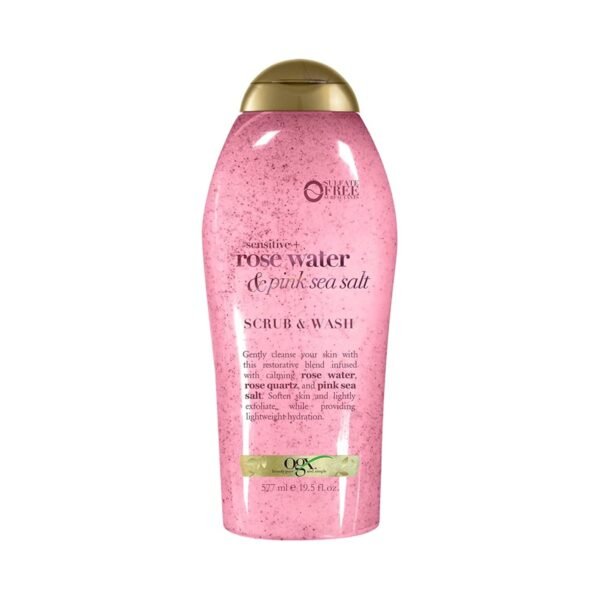 OGX Sensitive + Pink Sea Salt & Rosewater Sulfate-Free Soothing Body Scrub with Healing Rose Quartz, Gentle Exfoliating Daily Body Wash to Soften & Smooth Skin, 19.5 Fl Oz - Image 2