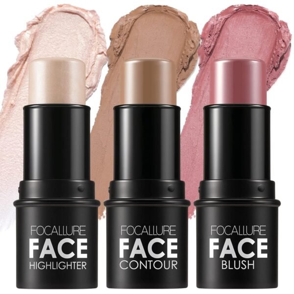 FOCALLURE 3 Pcs Cream Contour Sticks,Shades with Highlighter & Bronzer & Blush,Non-greasy Long-wear Face Contouring Pen,Easy to Sculpt the Face and Create a Lightweight Finishing Makeup,LIGHT-MEDIUM - Image 2
