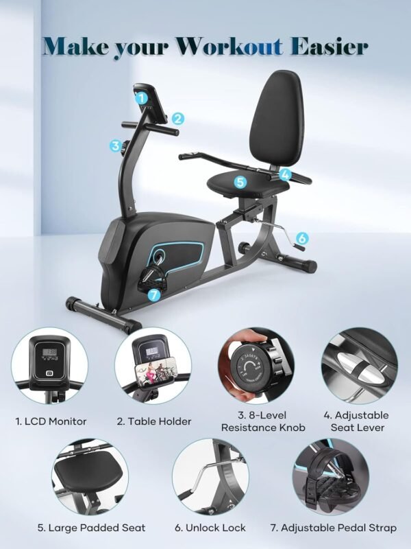 Recumbent Exercise Bike for Home Stationary Bike Sturdy Quiet 8 Levels Exercise Bike Large Comfortable Seat Heart Rate Handle & Device Holder 300 LB Weight Capacity - Image 7