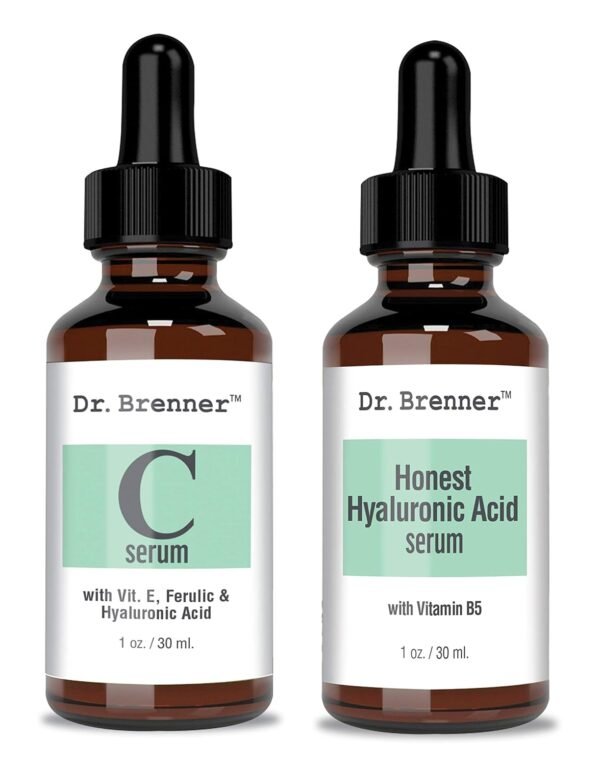 Vitamin C Serum 20% Pure L-Ascorbic Acid, Ferulic Acid, Vitamin E and HA and Hyaluronic Acid Serum with Vitamin B5 for Face and Eyes Natural Anti Aging Anti Wrinkle Set of 2 by Dr. Brenner - Image 2
