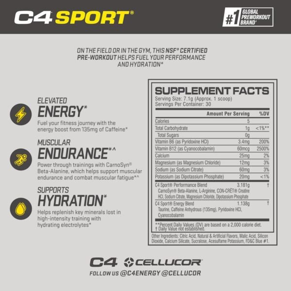 Cellucor C4 Sport Pre Workout Powder Blue Raspberry - Pre Workout Energy with Creatine + 135mg Caffeine and Beta-Alanine Performance Blend - NSF Certified for Sport 30 Servings - Image 3