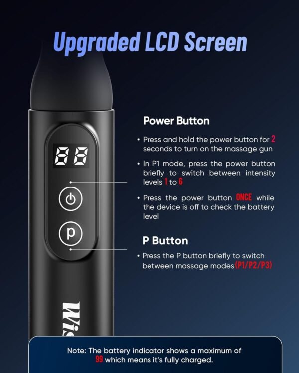 Massage Gun Deep Tissue with Extended Handle, Back Massager for Pain Relief Deep Tissue with LCD Screen, Neck/Waist/Leg/Shoulder Massager with 4 Massage Heads, 3 Modes & 6 Intensity Levels - Image 6