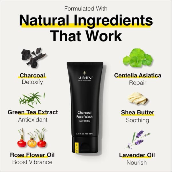 Lumin Charcoal Face Wash for Men Skincare - Daily Detox, Hydrating Face Cleanser, Removes Impurities, Exfoliates, Unclogs Pores, Controls Oil, Soothes Irritation, All Skin Types, 1 Pack - Image 3