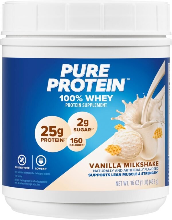 Pure Protein Powder, Whey, High Protein, Low Sugar, Gluten Free, Vanilla Cream, 1 lb - Image 2