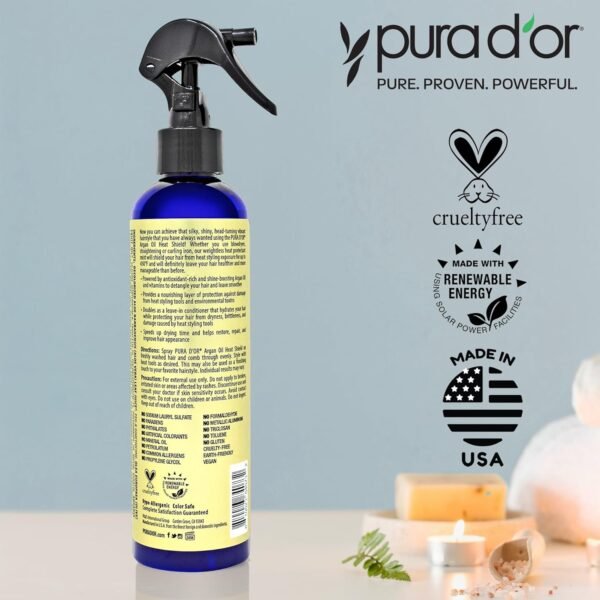 PURA D'OR 8 Oz Argan Oil Heat Shield Protectant Spray with Select Organic Ingredients, Protects Up To 450º F From Flat Iron & Hot Blow Dry, Leave-In, Define & Shine Dry & Damaged Hair - Image 6