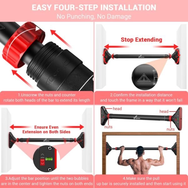 Pull Up Bar for Doorway: Sportneer Strength Training Pull-up Bars without Screw - Adjustable Width Locking Mechanism Chin Up Bar, Thickened Steel Max Limit 440 lbs Upper Body Fitness Pullup Bars for Home (Black-Red) - Image 6