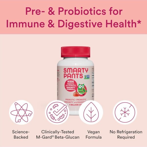 SmartyPants Kids Probiotic Immunity Gummies: Prebiotics & Probiotics for Digestive Health and Immune Support Supplement, Gluten Free, Vegan, Strawberry Crème Flavor, 60 Count (30 Day Supply) - Image 5
