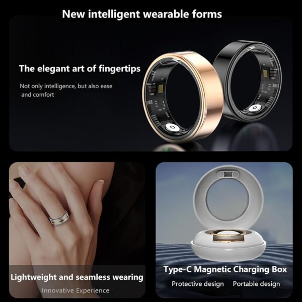 Smart Ring Fitness Tracker for Men Women, Health Sleep Heart Rate Blood Oxygen Tracker Smart Ring with Wireless Charger Box, IP68 Waterpro of Bluetooth Tracker Rings (Golden# 11) - Image 4