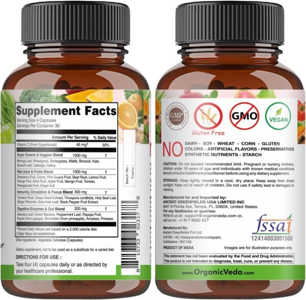 Organic Veda Super Greens Reds Veggies Capsules - 8 in 1 Daily 30 Whole Organic Superfoods Fruits & Vegetables Supplement - Papaya Enzymes, Spirulina, Chlorella, Moringa, Beet, Turmeric - 120 Vegan - Image 3