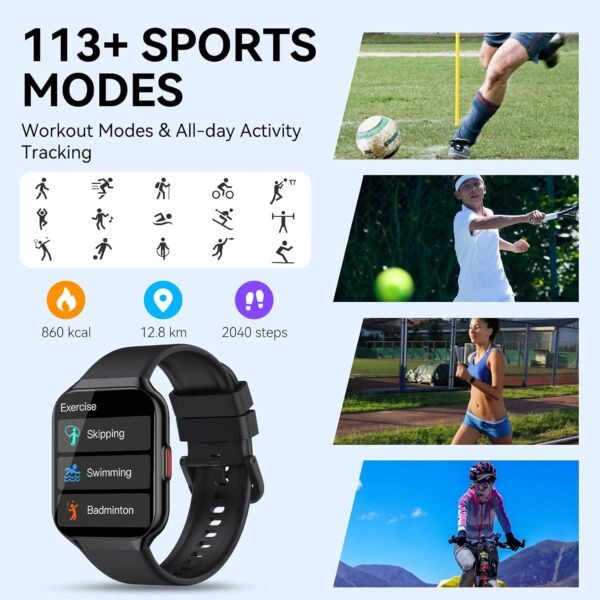Smart Watch, 1.96" HD Smartwatches for Men Women, (Answer/Make Calls), IP68 Waterproof Fitness Watch, Heart Rate/Sleep/SpO2 Monitor, Fitness Tracker with 113+ Sport Modes, for iOS/Android (Black) - Image 5