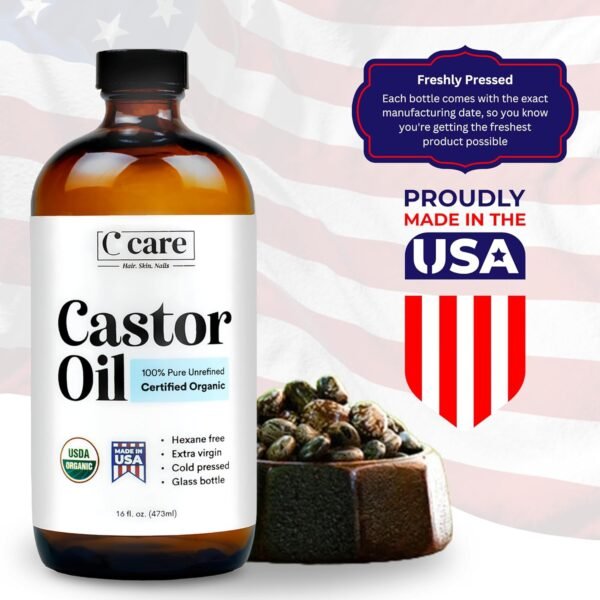 Castor Oil Organic Cold Pressed Unrefined Glass Bottle USDA Certified 100% Pure Organic Castor Oil Hexane Free Extra Virgin for Hair Growth Eyebrows Eyelashes Skin Use with Castor Oil Pack Wrap - Image 3