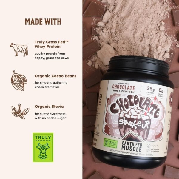 Earth Fed Muscle Chocolate Shakeup Grass-Fed Whey Protein Powder 2lb - 25g Protein Per Serving, No Fillers, Soy-Free, Non-GMO, Hormone-Free, Clean Ingredients for Smooth Blends & Recovery - Image 4
