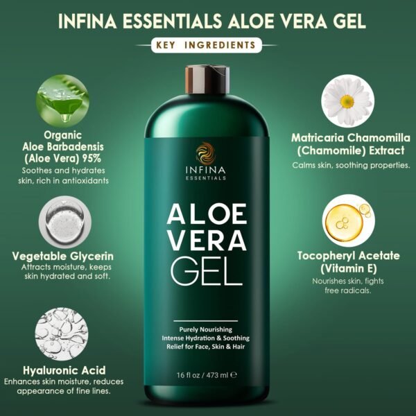 Pure Aloe Vera Gel for Face, Hair & Skin - Soothing Aloe Gel for Sunburn Relief - Made with Organic Aloe Vera Gel 95%, Chamomile & Vit E, for All Skin Types - 16 fl oz - Image 4