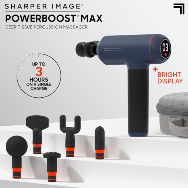 Sharper Image Powerboost Max Massage Gun with 6 Attachments, Quiet Motor, Ergonomic Grip, 7-Speed Lightweight Percussion Massager, Deep Tissue Full Body Muscle Recovery & Pain Relief - Blue - Image 3