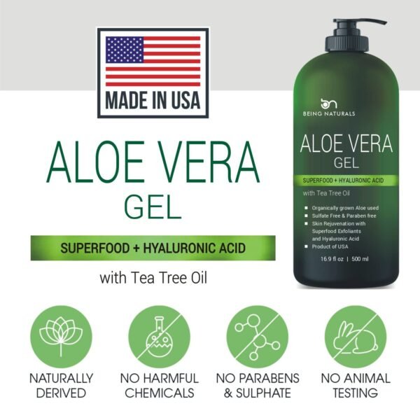 Aloe vera Gel - from 100% Pure Organic Aloe - Natural Raw Moisturizer for Face, Body, Hair. Perfect for Sunburn, Acne, Razor Bumps 16.9 fl oz (Tea Tree, Superfood, Hyaluronic Acid) - Image 6