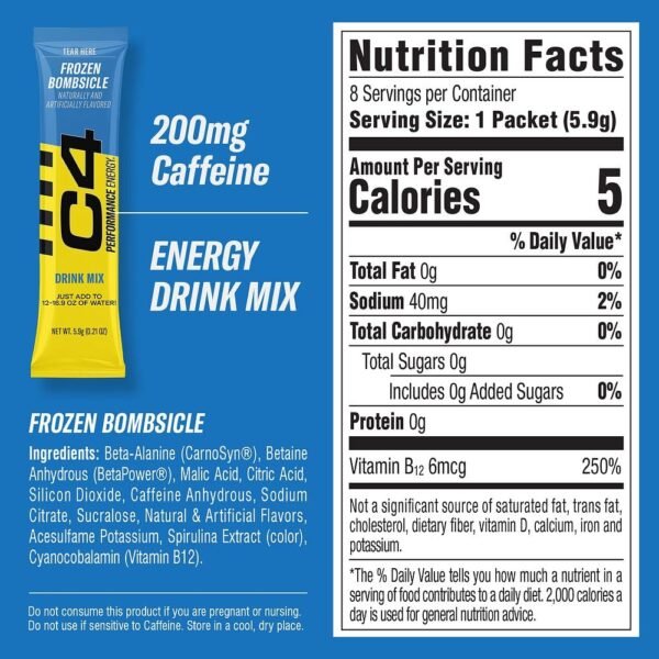 C4 Performance Energy, Frozen Bombsicle Drink Mix, 200mg Caffeine, Zero Sugar, NSF (2 Boxes, 16 Sticks) - Image 3