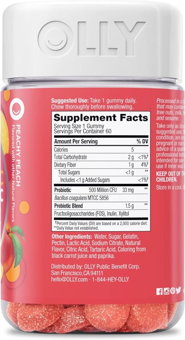 OLLY Probiotic + Prebiotic Gummy, Digestive Support and Gut Health, 500 Million CFUs, Fiber, Adult Chewable Supplement for Men and Women, Peach, 60 Day Supply - 60 Count - Image 3