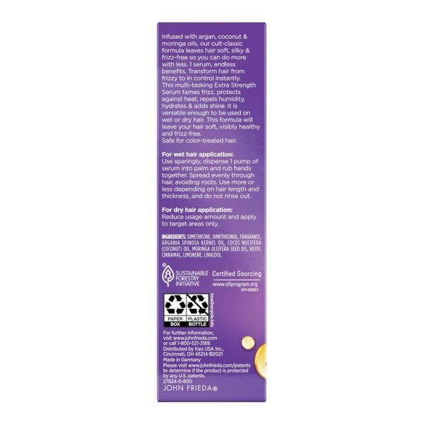 John Frieda Frizz Ease Extra Strength Hair Serum, Nourishing Hair Oil for Frizz Control, Heat Protectant with Argan & Coconut Oils, 1.69 fl oz - Image 15