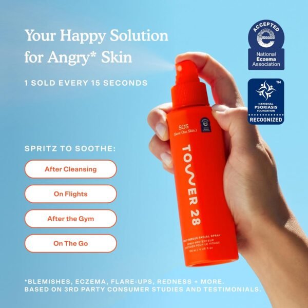 Tower 28 SOS Daily Rescue Facial Spray for Sensitive Skin, Hypochlorous Acid Spray Helps Reduce Redness and Breakouts, Travel Size Toner for Face, 1 FL Oz - Image 5