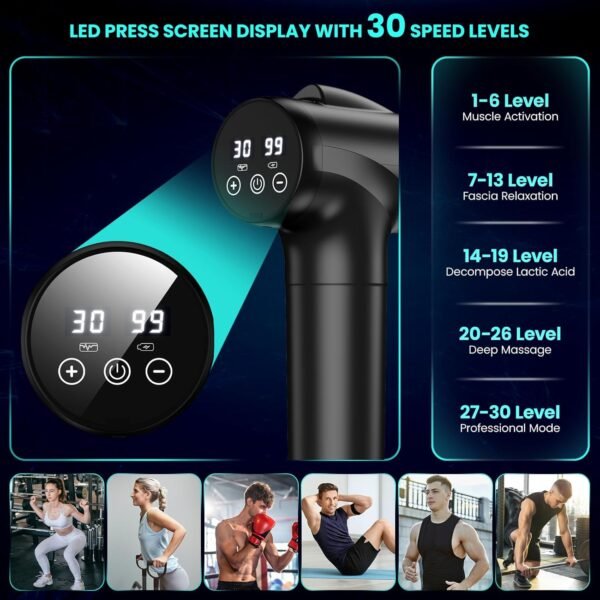 JQX Massage Gun Deep Tissue, High Percussion Back Neck Massager for Athletes, Handheld Muscle Massager Gun with 30 Speed Levels 9 Replacable Heads, Gift for Men & Women (Black) - Image 3