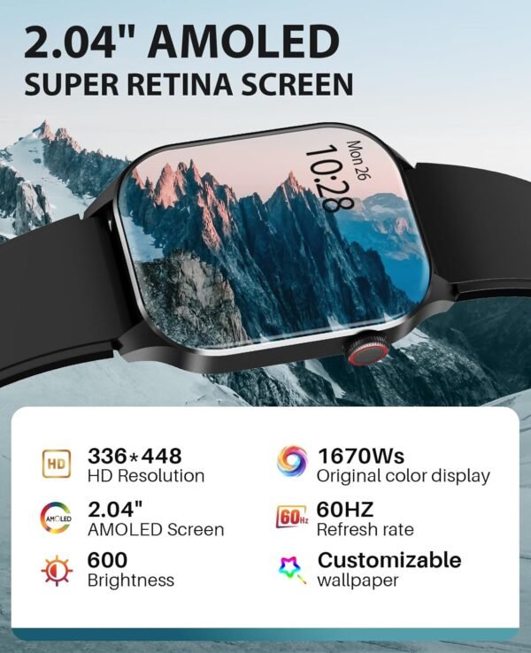 Smart Watch, Infrared True Blood Oxygen Monitor, 2.04-inch AMOLED Display, Heart Rate Sleep Blood Pressure, 136+ Sports Modes, IP68 Waterproof Fitness Tracker, Compatible with Android and iOS - Image 6