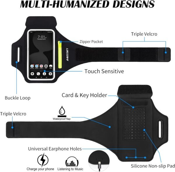 Running Armband with Earphone Bag Cell Phone Armband for iPhone 16 15 Pro 14 Plus 13 11 XR XS, Galaxy S24/S10 Water Resistant Sports Phone Holder Case & Zipper Slot Car Key Holder for 6.7 inch Phone - Image 6