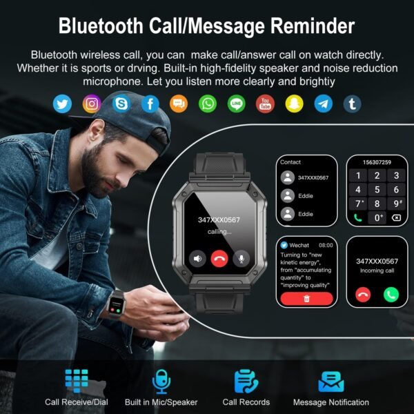 Smart Watch for Men Fitness Tracker: Military Smart Watches for Men Digital Mens Watches Make/Answer Call Running Waterproof Smartwatch Android Phones iPhone Samsung Compatible Heart Rate Monitor - Image 3
