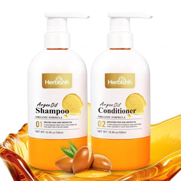 Herbishh Argan Oil Shampoo & Conditioner, Deep Cleansing & Promotes Hair Growth, Repairs Dry, Damaged Hair, UV Protection, With Shea Butter, Jojoba, Coconut oil for Frizzy Colored Hair 16.9fl.oz Each - Image 2