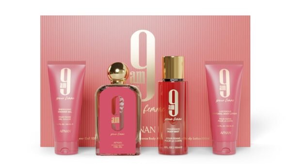 Afnan 9 AM Pour Femme Luxury Gift Set – Eau De Parfum (3.4 Oz), Shower Gel (3.4 Oz), Body Mist (5.0 Oz), Body Lotion (3.4 Oz) - Image 2