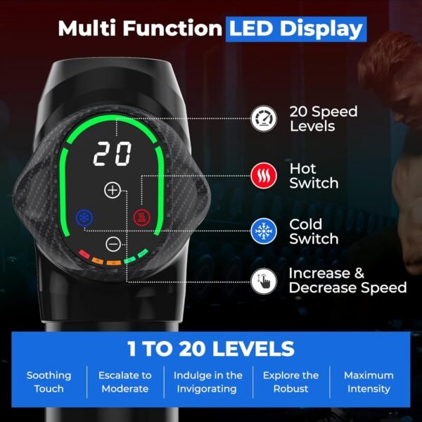 Massage Gun Deep Tissue with Heat and Cold Head, 6 Temperatures, 20 Levels & 10 Heads, Handheld Muscle Massager Gun with Carry Case, Portable Percussion Muscle Massager Gun (Black) - Image 3