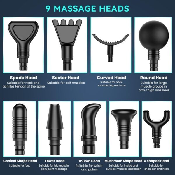 JQX Massage Gun Deep Tissue, High Percussion Back Neck Massager for Athletes, Handheld Muscle Massager Gun with 30 Speed Levels 9 Replacable Heads, Gift for Men & Women (Black) - Image 5