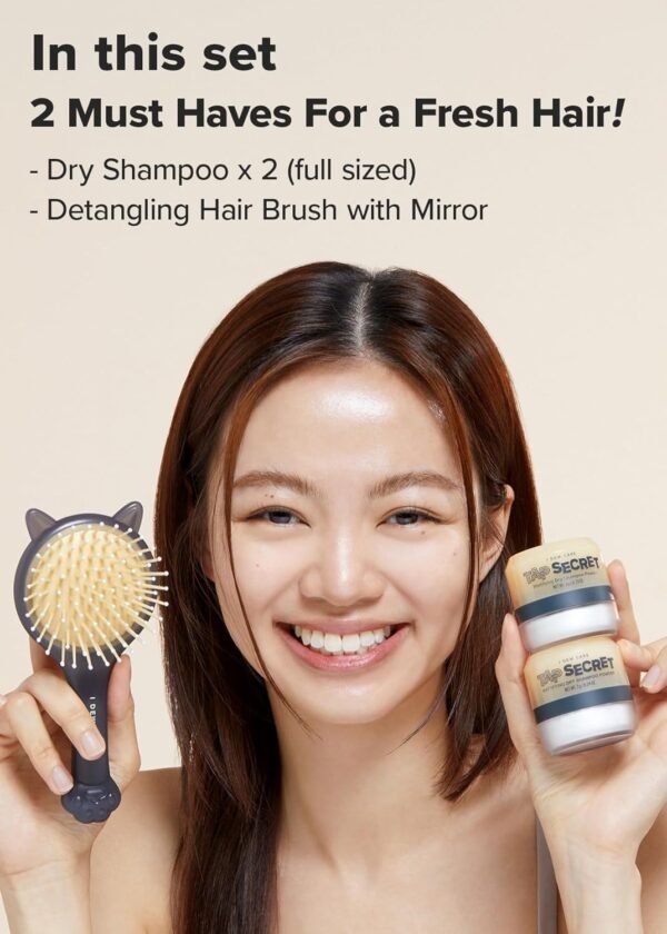 I DEW CARE Biotin Dry Shampoo Powder - Tap Secret Box Gift Set | Korean Black Ginseng, Non-aerosol, Benzene-free, Detangling Hair Brush with Mirror, Valentine Gift Sets for Women and Men, Travel Size - Image 5